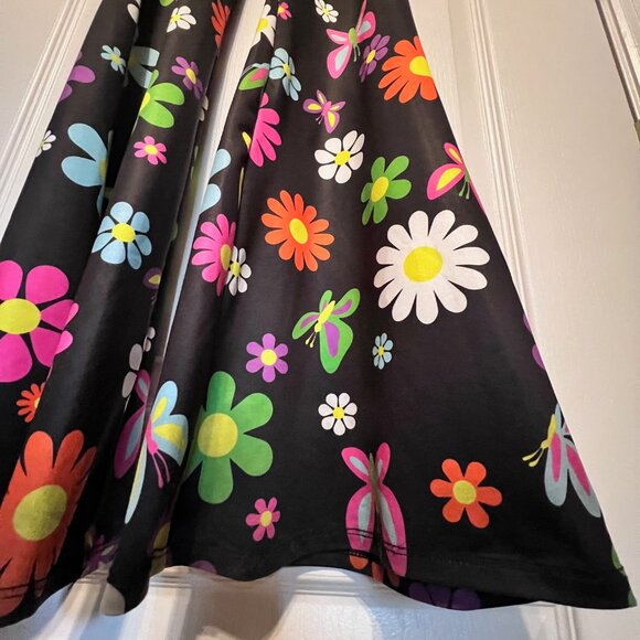 Heart Raves Daisy-Butterflies-60's Hippie Floral Flare leg Stretch Women's Pants - Picture 2 of 10